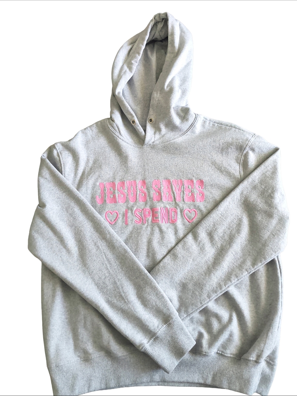 Gray Hoodie with Pink "JESUS SAVES I SPEND"